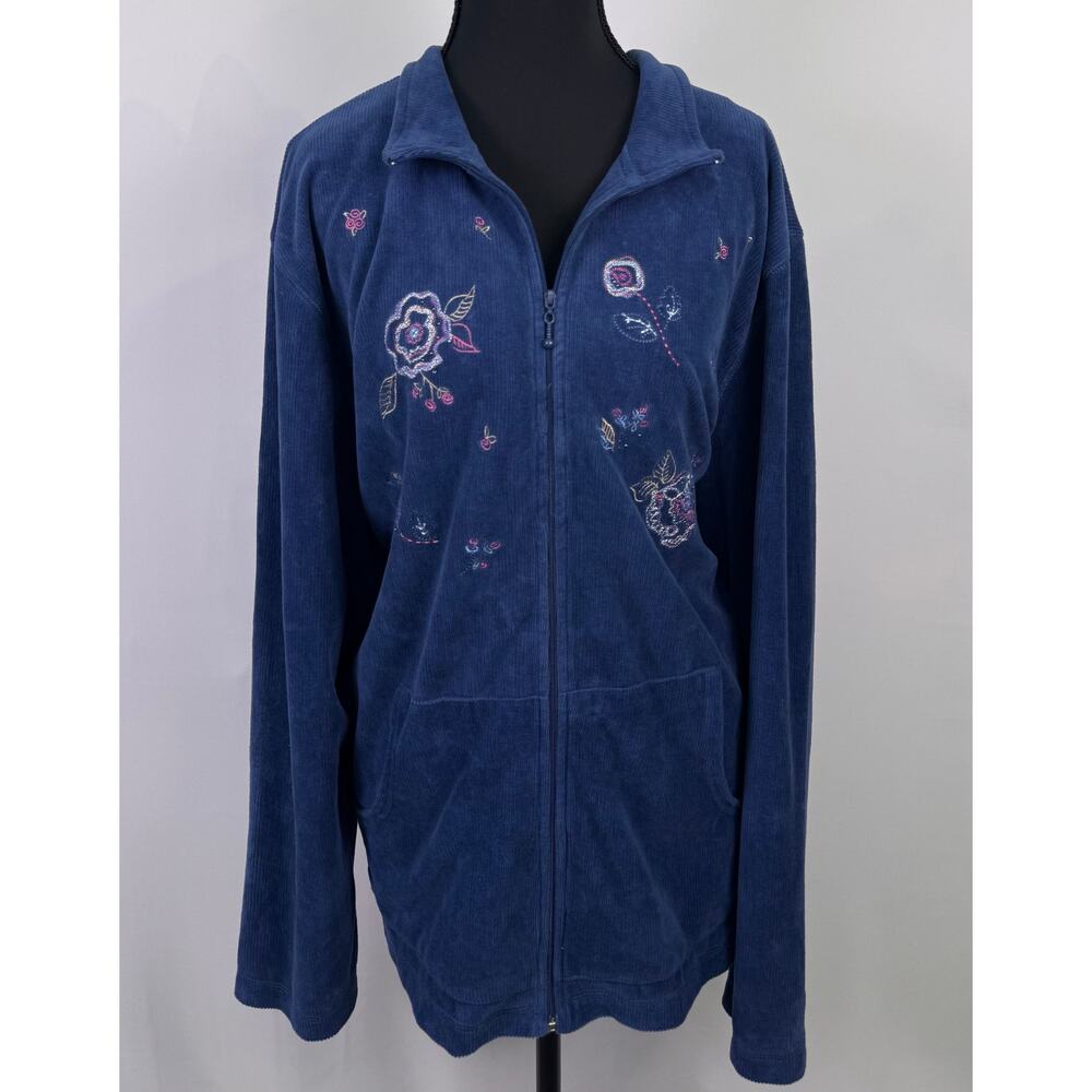 Koret Woman Blue Embroidered Corduroy Zip-Up Jacket Size 2X